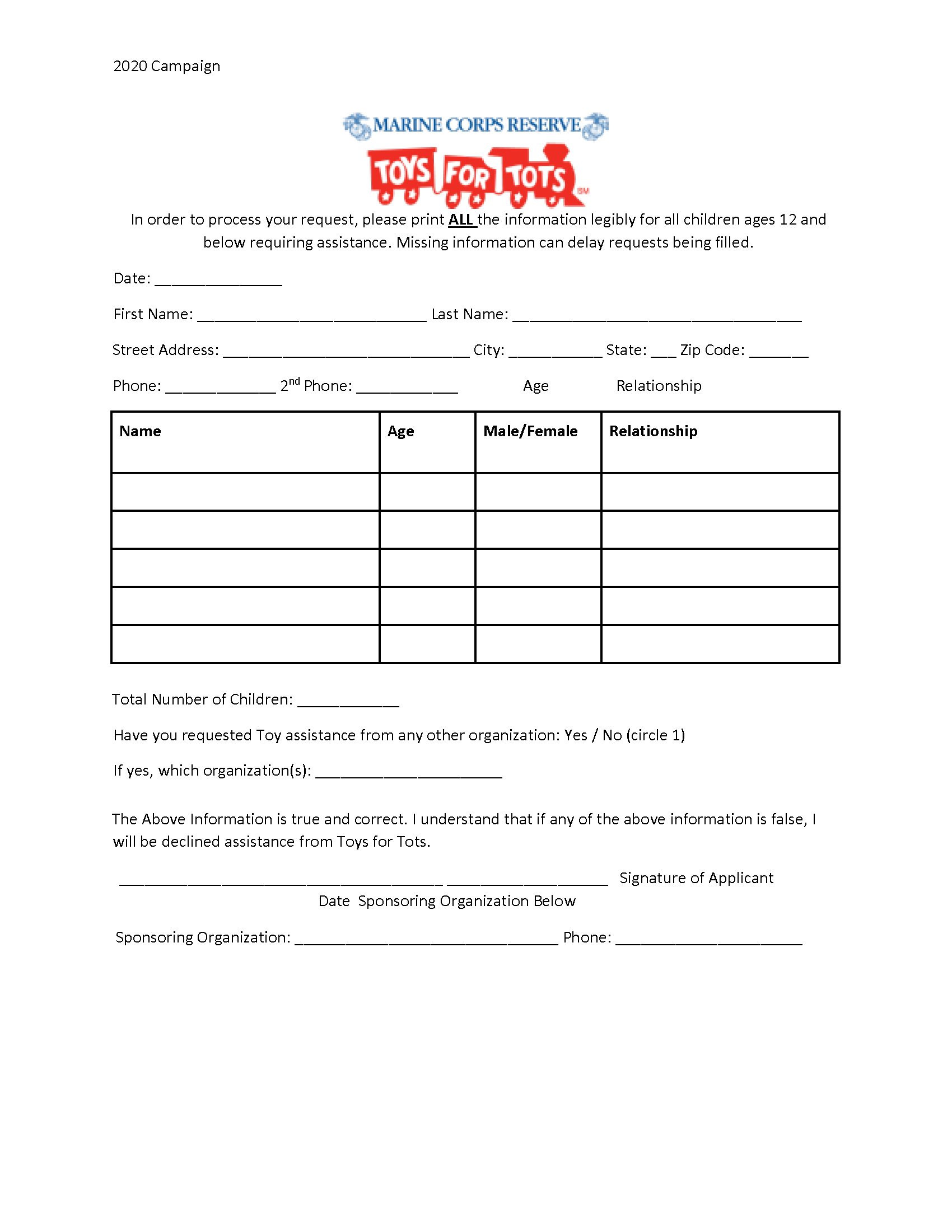 Toys For Tots Application 2025 Form